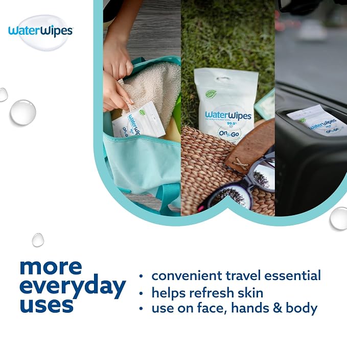 WaterWipes Sensitive+ On The Go Wipes, 3-In-1 Cleans, Cares, Protects, 99.9% Water, Unscented & Hypoallergenic Wet Wipes, 224 Count (8 Packs)
