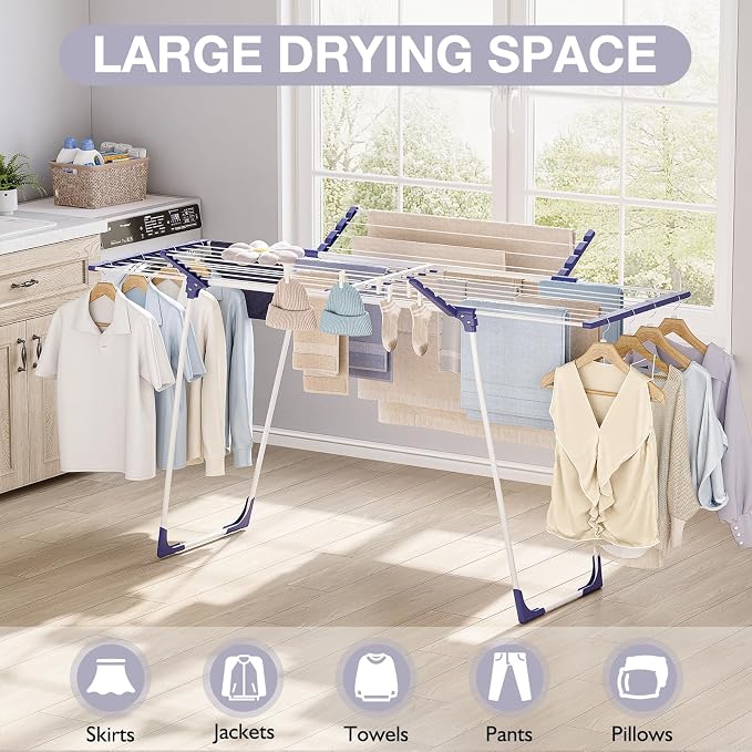 APEXCHASER Clothes Drying Rack, Drying Rack Large Space with 2 Wings | Expandable Design, 4 drying spaces, Spacious Design with 2 Frame Supports, Folds Flat for Storage, Rust-resistant Coating