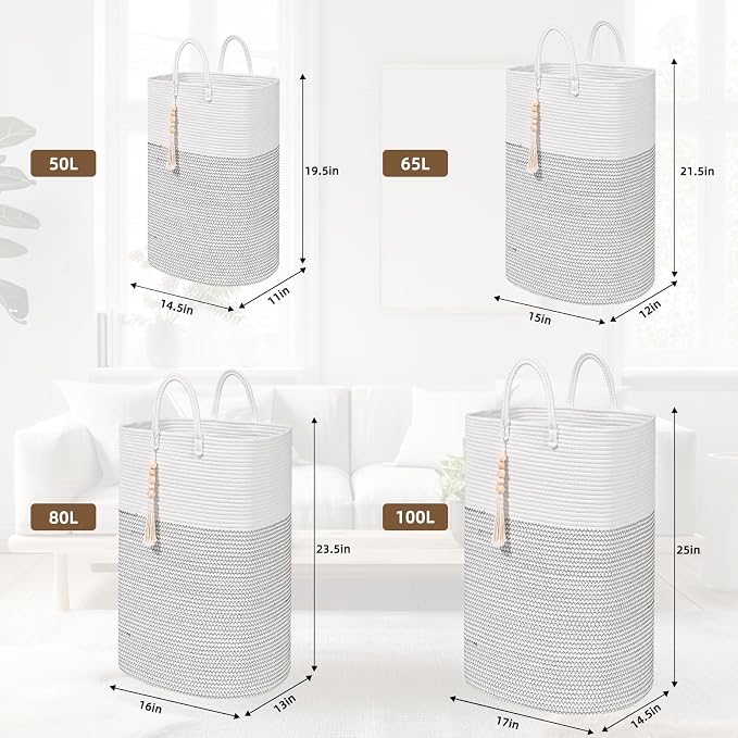 Woven Laundry Basket for Clothes, 50 L Large Rectangle Laundry Hampers with Beads Tassel, Nursery Storage Basket for Toys, Tall Dirty Clothes Hamper for Bedroom Aesthetic, Laundry Room Organization