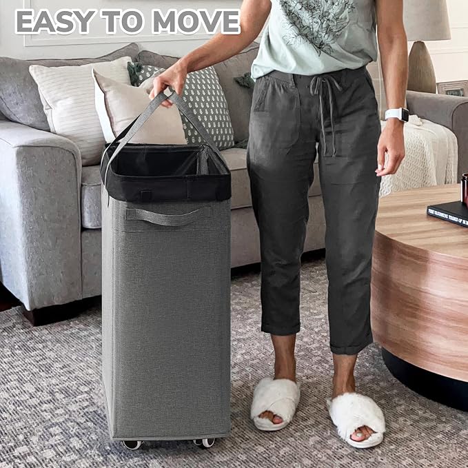 CHICVITA 75L Slim Laundry Basket with Wheels & Wash Bag, Light Grey | Removable wash bag, space-saving slim design for bedroom and college dorm. Rolling clothes hamper