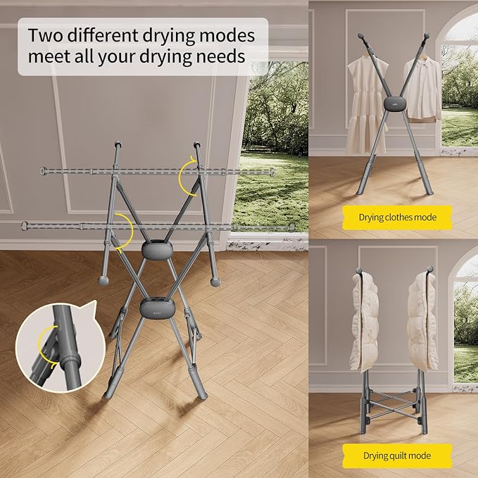 BIREN Clothes Drying Rack Heavy Duty Clothing Racks Foldable Laundry Rack Two Drying Modes Garment Racks for Drying Clothes, Adjustable Length from 32-55 Inches for Indoor Outdoor Use