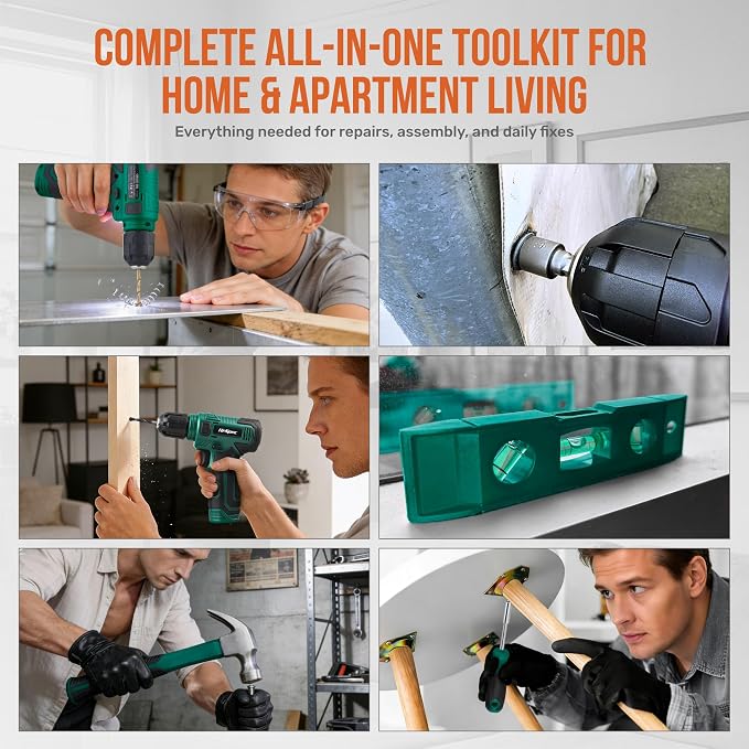 Hi-Spec 8V Cordless Drill and Tool Kit with Essential Hand Tools, Green | Power USB Rechargeable, Home Improvement, faster holes and screwdriving, portable, light-duty project, home setup help