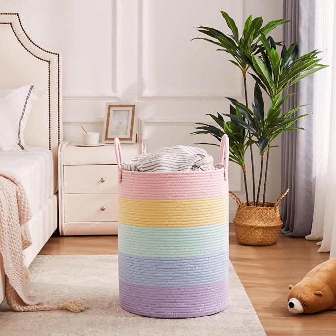 60L Laundry Hamper Basket for Girls Kids Baby Nursery, Rainbow | Large Woven Clothes Hamper for Living Room Girls Room Boho Tall Rope Baskets for Blankets Toys in Playroom Bedroom, 15Dx20H