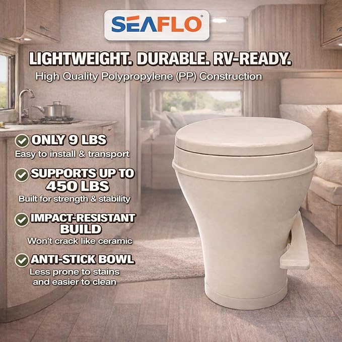 SEAFLO Bone RV Toilet, Residential Height 18.4", Gravity Flush Foot Pedal, Soft Close Seat, Camper Toilet for RV Motorhome Travel Trailer, Parchment, SFRTPH-02-01, 4-Year Warranty