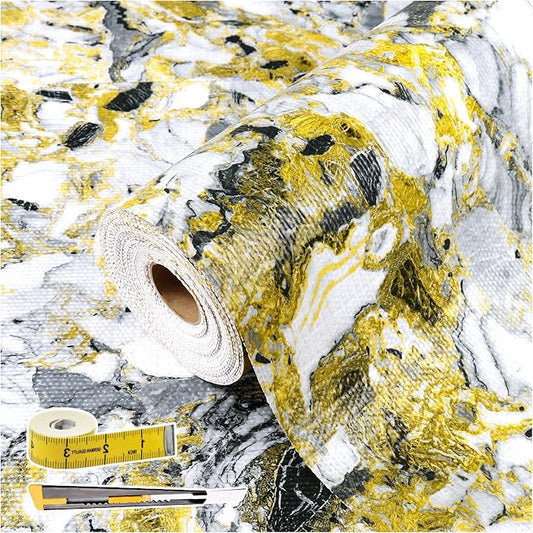 Drawer and Shelf Liner - Yellow Black Marble Pattern,Non Adhesive Non Slip Waterproof Easy-Clean Liner for Kitchen Cabinet, Refrigerator, Bathroom, Pantry Storage Drawers, 17 in x 30 Ft