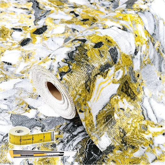 Drawer and Shelf Liner - Yellow Black Marble Pattern,Non Adhesive Non Slip Waterproof Easy-Clean Liner for Kitchen Cabinet, Refrigerator, Bathroom, Pantry Storage Drawers, 17 in x 20 Ft