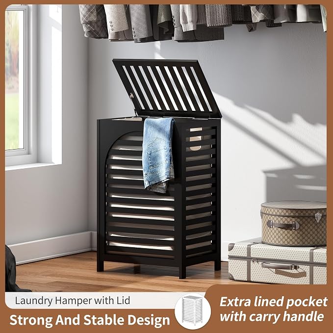 Laundry Hamper with Lid (16.9 * 13 * 26.5inches) Large Bamboo Laundry Bin Basket 85L Clothes Hamper with 1 Removable Bag Storage baskets for Bathroom(Black)