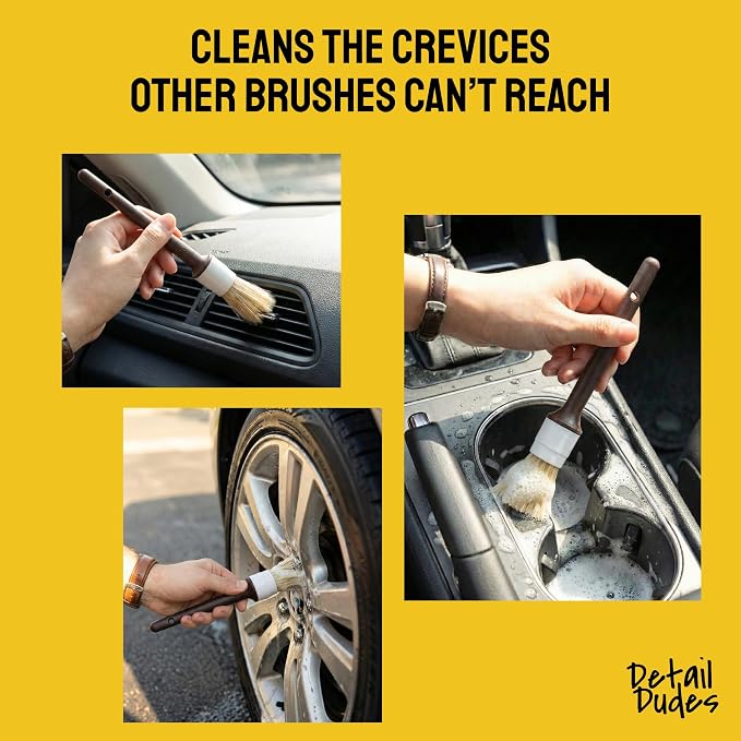 Car Detailing Brush Set 9-Pack with Tire and Wheel Brushes - Detail Dudes | 6-pc Scratch-Free Interior Boars Hair Brushes - 1-pc Exterior Tire Brush, Tire Dressing Applicator and Wheel Brush