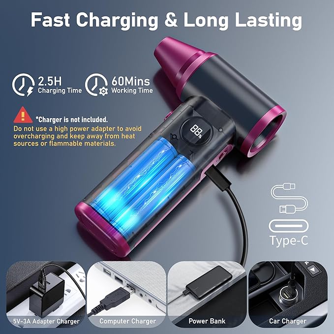 Compressed Air Duster- 130000RPM Rechargeable Electric Air Duster for PC Keyboard, Mini Dust Blower Cordless Air Blower Jet Dryer Turbo Fan Handheld Blower for Car Home Office