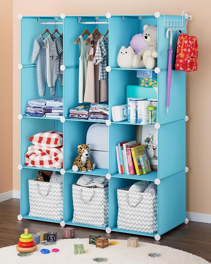 CUBEDIY Baby Closet Organizer for Nursery - Durable Baby Wardrobe Armoire for Closet - Customizable Dresser Shelves - Waterproof Shelf Clothes Organizer w/Wall Fixation (Blue)
