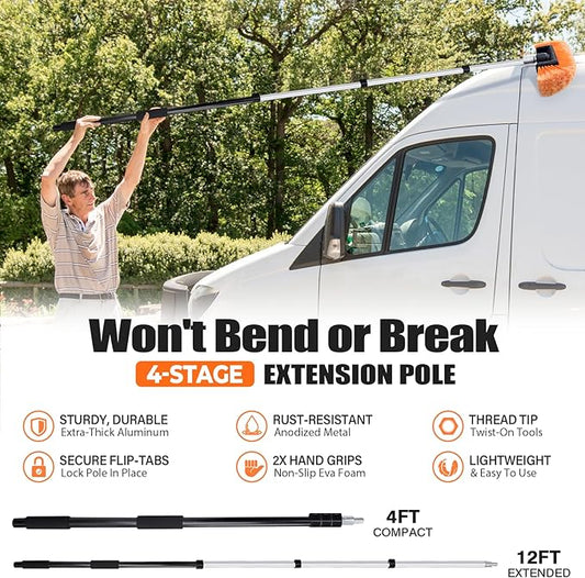 ARTIPOLY 20ft Reach Car Wash Brush with Long Handle-Car Cleaning Kit with 4-12FT Extension Pole, Ultimate RV,Truck Wash Set with Soft Brush, Tire Brush, Window Squeegee, Mitt, Microfiber Cleaning Mop