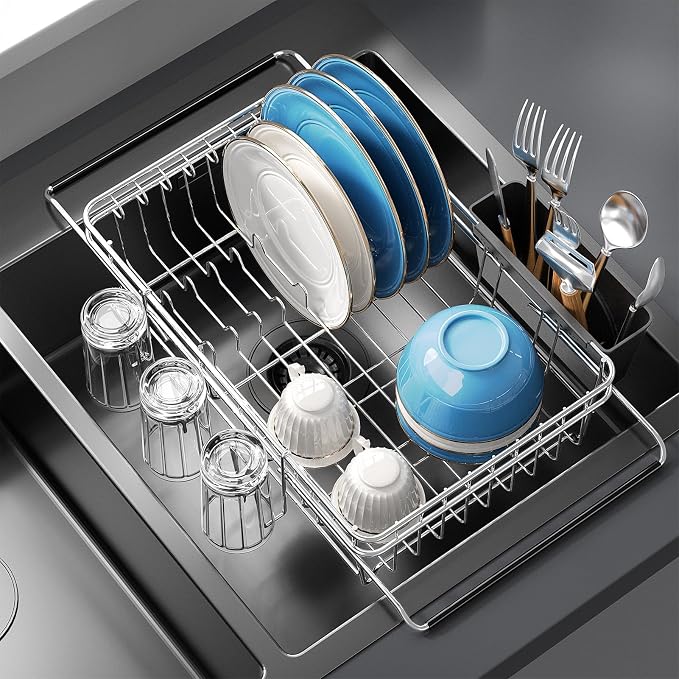 Delamu Over The Sink Dish Drying Rack for Small Kitchen | Expandable Stainless Steel in Sink Dish Drainer, Dish Rack for Kitchen Inside Sink with Utensil Holder, Rustproof, Small