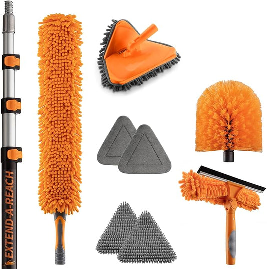 20 Foot High Reach Duster Kit with 4-12 ft Extension Pole // High Ceiling Dusting and Window Cleaning Kit with Telescopic Pole // Baseboard and Wall Washer Mop, Squeegee, Fan Blade & Cobweb Dusters