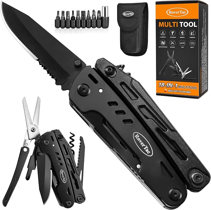 18-in-1 Multitool Pocket Knife with Pliers, Saw, Corkscrew & Detachable Scissors, Multi Tool with Safety Lock, 9 Screwdriver Bits, Camping Gear, Gifts for Men