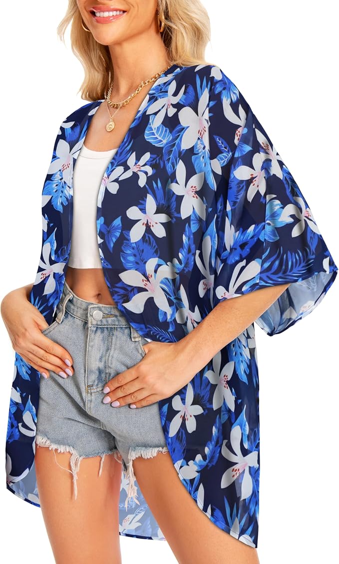 Women Kimono Cardigans Summer Cover Up Hawaiian Shirts Floral Print Tops | ROSEMIA chiffon kimono open front cardigans, beach cover ups, daily casual tops, cruise outfits, summer resort wear