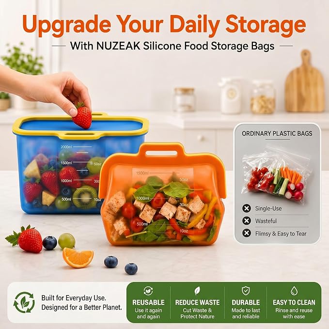 Magnetic Fast Seal Reusable Storage Bags, NUZEAK Silicone Reusable Food Storage Bags, Stand Up Silicone Freezer Bags for Food, Fruit, Snack, Sandwich, Meal Prep, Dishwasher Safe, 68oz, 1 Pack