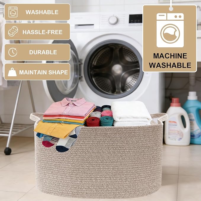 65L Large Laundry Basket with Handles,Woven Blanket Basket,Brown | 21"×16"×12" Collapsible Cotton Rope Storage Basket for Toys Clothes & Pillows, Nursery, Bathroom, Bedroom, Living Room