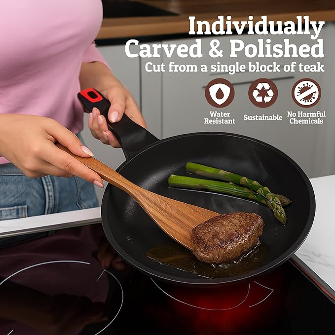 PriorityChef Wooden Spoons for Cooking, Premium 8pc Teak Wood Utensil Set with Hanging Hooks, Utensil Holder and Spoon Rest