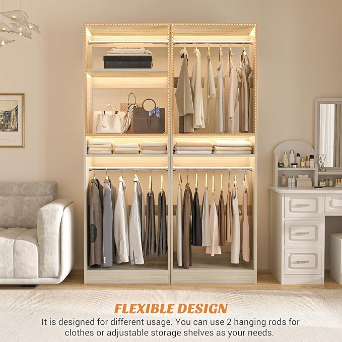 Unikito 25” Closet System, Freestanding Closets Organizer Wardrobe with Hanging Rods and Shelves, Adjustable Clothes Garment Racks, Sturdy Walk in Closet Tower, 25" W x 16" D x 80" H, White Oak