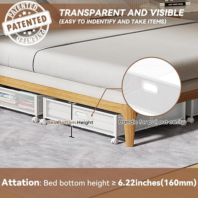 PHINOX Under Bed Storage with Wheels & Handle,Metal,Large,2 Pack,White | Tool-free assembly, glide smoothly, easy reach, foldable, maxmazie low-profile beds, dorm, keep seasonal clothes, shoes fresh