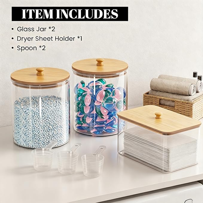 2+1 Pack Glass Laundry Pods Container & Acrylic Dryer Sheet Holder, Clear Laundry Room Organization Containers with Bamboo Lids & Labels, Powder Laundry Detergent Container for Scent Booster, Powder