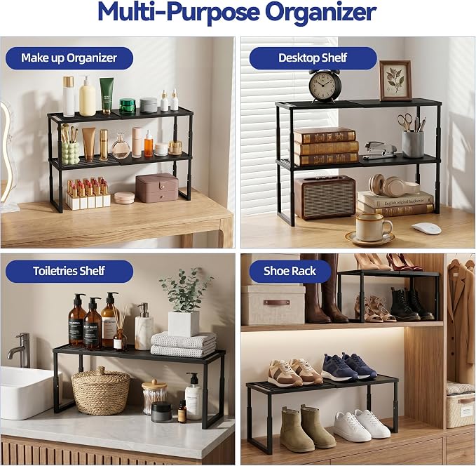2 Packs Expandable Cabinet Shelf Organizer, Stackable Kitchen Countertop Storage Shelves, Heavy Duty Adjustable Pantry Organizer Rack for Cabinet, Cupboard, Under Sink & Spice Storage