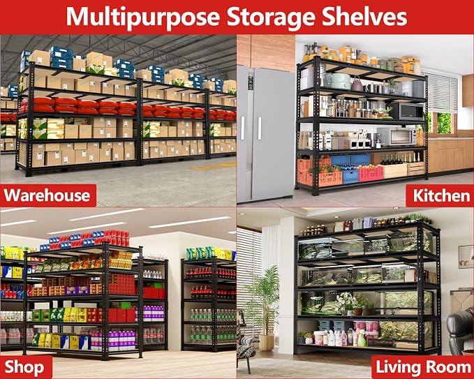 PrimeZone 60" W X 24" D X 72" H Heavy Duty Garage Storage Shelves, 3000 LBS | 5 Tier Adjustable Metal Shelf, 15 Support Beams, Solid Steel Frame, Freestanding, Storage for Basement, Warehouse, 8 Pack