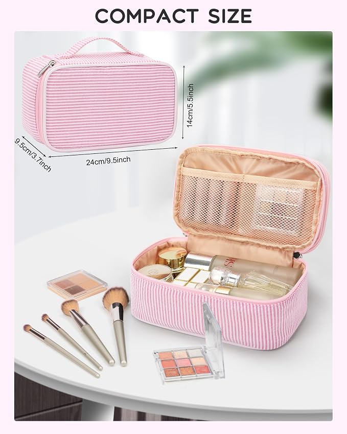 Relavel Pink Makeup Bag, Dual-Layer Cute Travel Cosmetic Bag with Make Up Brush Compartment, Multi-Functional Small Toiletry Organizer, Preppy Accessories for Daily Use, Pink Strip