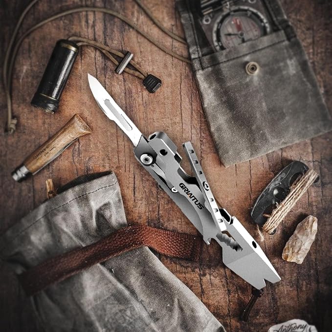 Multitool Pry Bar Wrench Tool Flat/Phillips Screwdriver, EDC Gifts for Men | Folding Multi-tool Box Cutter Blade Knife, Bottle Opener, Steel Handle, Everyday Carry, Cycling, Camping EDC Pocket Gadget