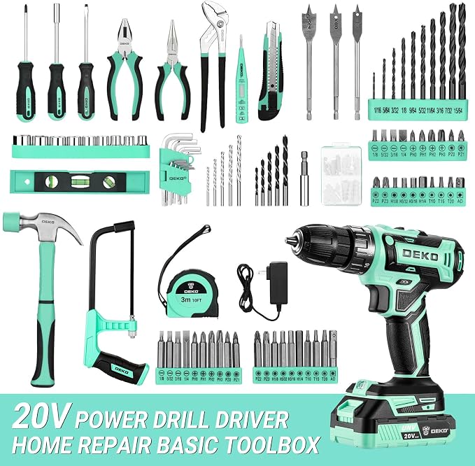 Drill Tool Kit Set: 20V Cordless Power Drill Tool Box with Battery Electric Drill Driver for Men Home Hand Repair Basic Toolbox Tools Sets Drills Case, Turquoise