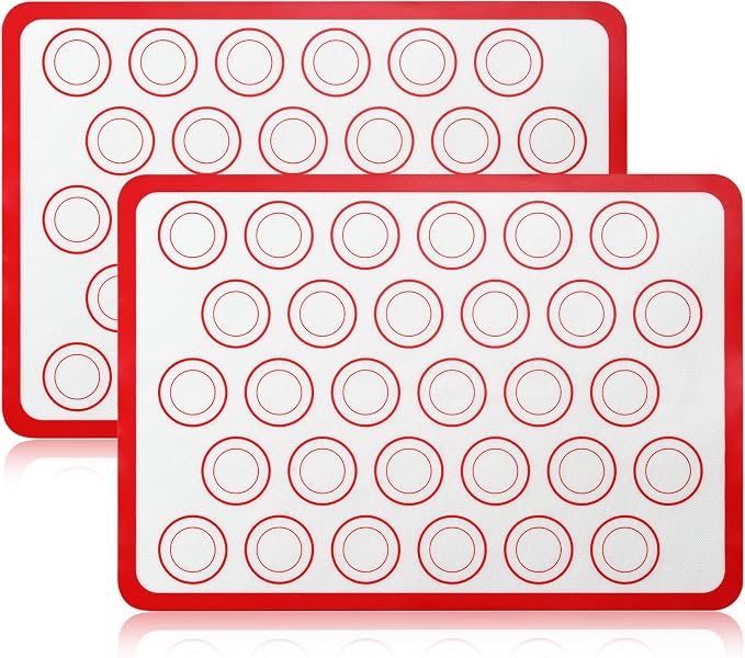 Luckyiren 2-Pack Baking Mat with Circles – Silicone Macaron & Cookie Sheet Liners, Non-Stick BPA-Free Reusable Silicone Mats for Half Sheet Pans for Precision Baking & Candy, White with Red Edge