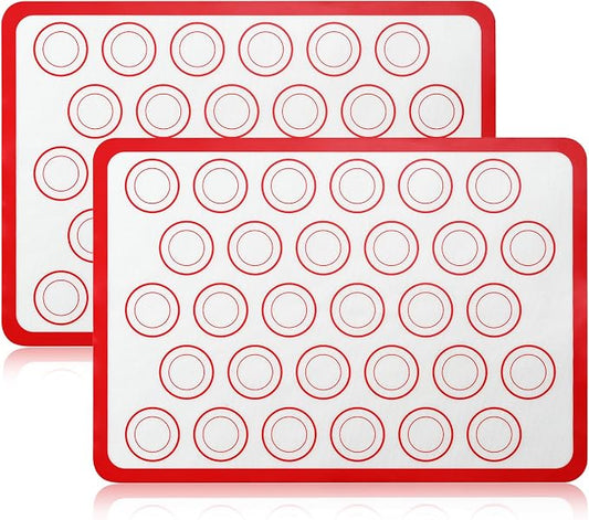 Luckyiren 2-Pack Baking Mat with Circles – Silicone Macaron & Cookie Sheet Liners, Non-Stick BPA-Free Reusable Silicone Mats for Half Sheet Pans for Precision Baking & Candy, White with Red Edge