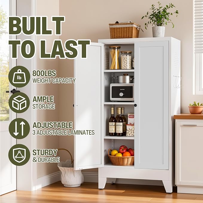AQY Metal Pantry Cabinet with Adjustable Shelves, White Kitchen Pantry Storage Cabinet with 2 Doors, Freestanding Storage Cupboard Organizer for Dining Room, Living Room, Bathroom