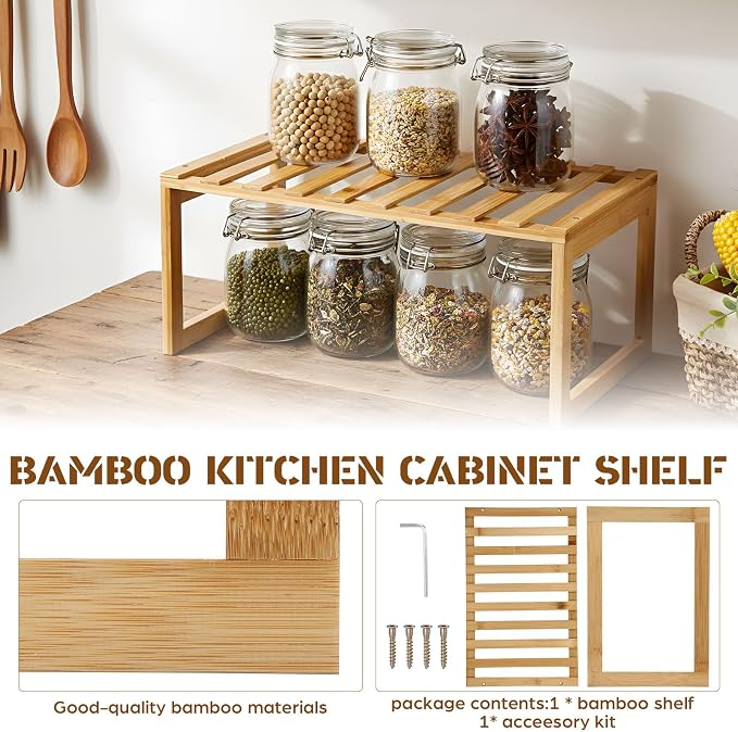 1 Pcs Kitchen Cabinet Organizer Bamboo Bookshelf Bamboo Kitchen Shelves, Rectangle Cabinet Shelf Organizer, Storage Shelves for Pantry Bathroom Dining Room Study Laundry