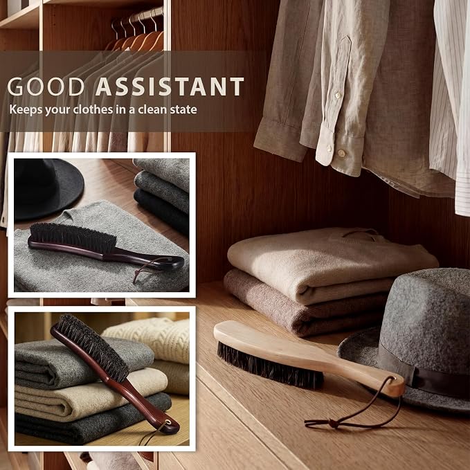 Thenshop 3 Pcs Clothes Brushes Large Beech Wood Handle Soft Horse Hair Bristle Lint Brush for Hat, Suits, Velvet, Suede, Shoe and Pet Hair