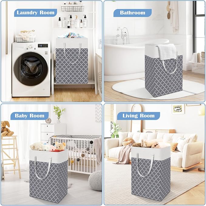 BlissTotes 3-Pack Laundry Basket, Laundry Hamper, Light Grey, 88L | Laundry Clothes Hamper, Hampers for Bedroom, Freestanding Hamper with Handles, Clothes Laundry Basket