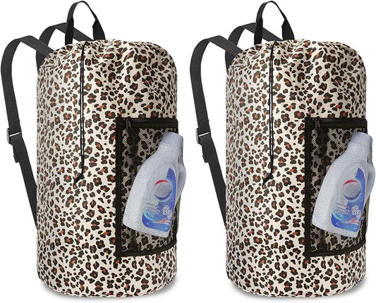 Laundry Bag Backpack Durable Laundry Bag with Shoulder Straps and Mesh Pockets Portable Laundry Hamper Dirty Clothes Bag for College, Travel, Laundromat, Apartment (Leopard Print)