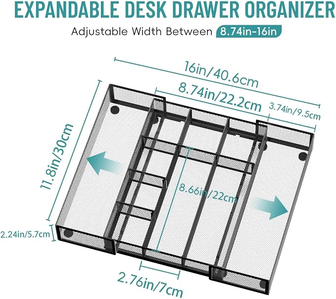 Expandable Desk Drawer Organizer, 10 Adjustable Compartments, Black | Metal mesh drawer organizer tray with 5 removable dividers, expands from 8.74 to 16 in for office supplies, makeup or tools
