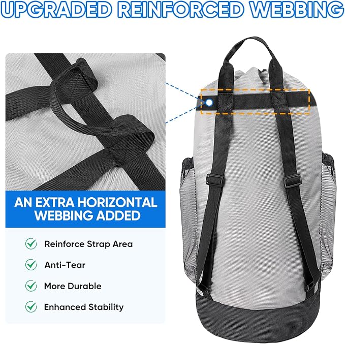 BALEINE 2PK 120L Laundry Bag Backpack, 900D Oxford Fabric Large Travel Laundry Bags with Shoulder Straps and 2 Mesh Pockets for College Dorm, Apartment, Laundromat (Gray, 120L)