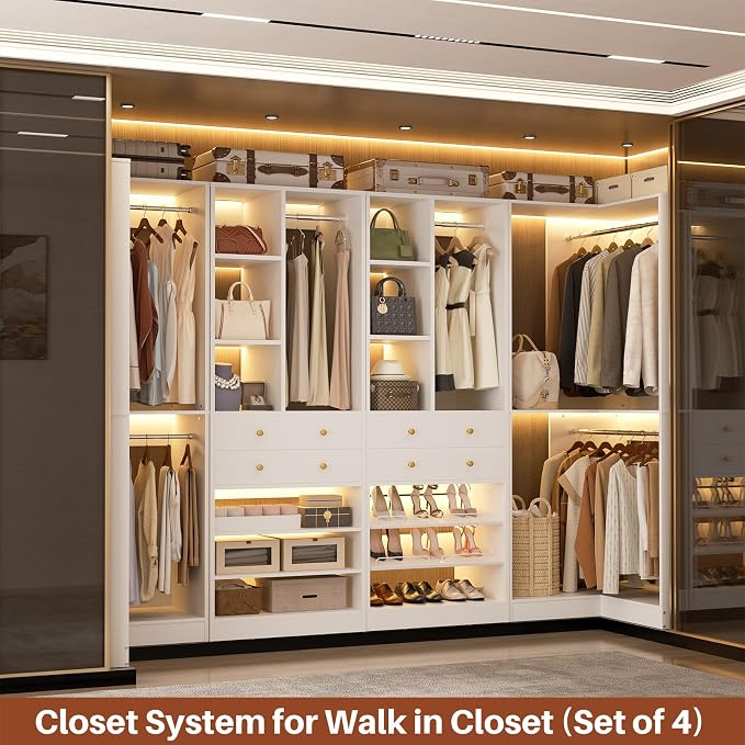 Besiost Closet System with 4 Drawers & Corner Tower, Closet Organizer System with 4 Hanging Robs, Reversible U Shaped Walk-in Closet System, Load 2600+LBS Capacity, Set of 4, White