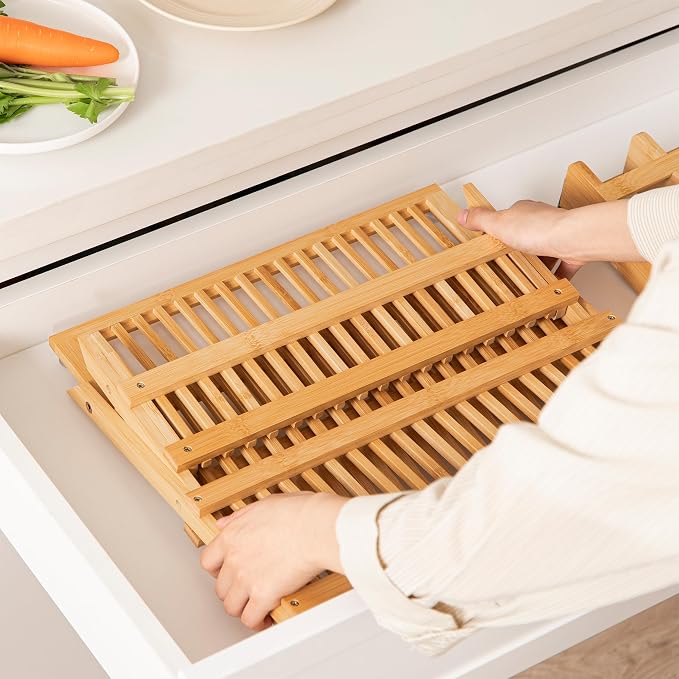 HBlife Bamboo Dish Drying Rack with Utensil Holder, 3-Tier Large Collapsible Wooden Dish Drainer Rack, Folding Drying Holder Dish Drainer for Kitchen Counter
