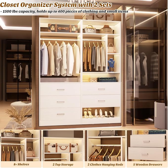 Besiost 4FT Closet Systems with 5 Wood Drawers, 48 Inch Closet Organizer System with 2 Hanging Rods & 7 Shelves, Heavy Duty 48" Walk-in Closet , White (48"L x 15" W x 80" H)
