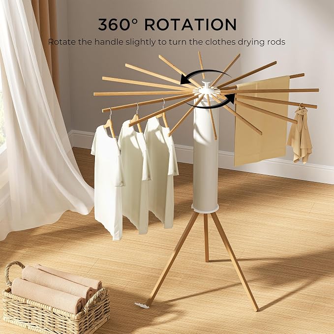 SUNOUTLY Tripod Clothes Drying Rack, Garment Rack Portable and Foldable Space Saving Laundry Drying Rack - Dryer Rack Clothing Floor Folding Balcony Bedroom Household (Beige(Wood), 16 rods)