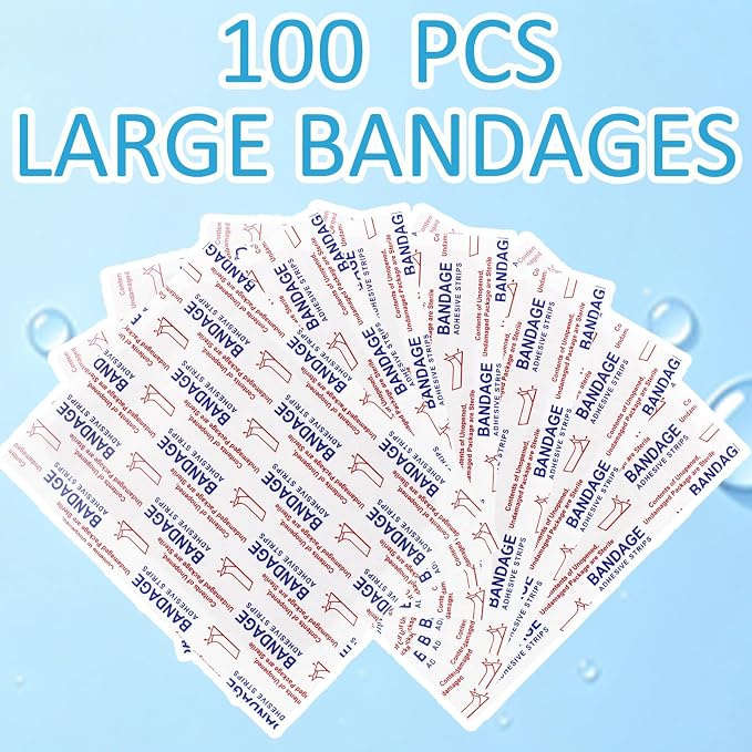 100 Pcs Large Bandages 3 x 4 Inch Wound Care Flexible Adhesive Bandages Latex Free Fabric for and Protect Wounds Large Size for First Aid Wound Care Assorted