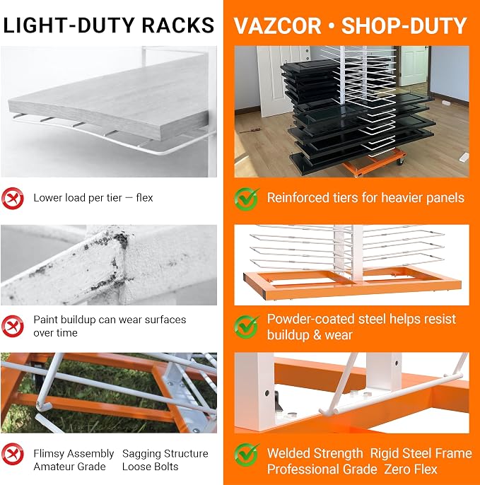 Paint Drying Rack for Cabinet Doors 50-Shelf Heavy-Duty Steel | Cabinet Door Drying Rack with Locking Casters, 2.1" Spacing, 25 lb per Tier, Mobile Rack for Paint Shops & Woodworking