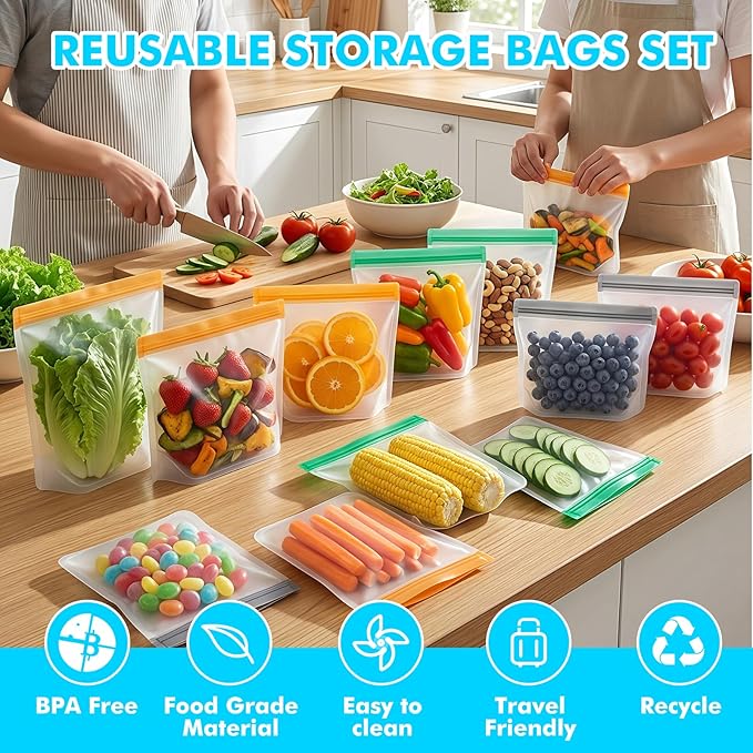 10 Pack Reusable Silicone Food Storage Bags, Reusable Freezer Bags,Leakproof Snack Sandwich Bags BPA Free Contaizers, Gallon Freezer Bags for Meal Prep Marinate Meat, Salad Fruit, Veggies, Lunch Green