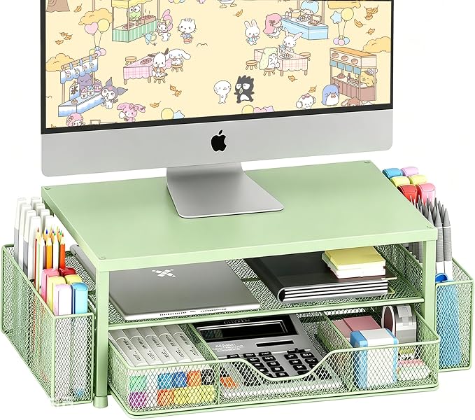 OPNICE Desk Organizers and Accessories, Computer Monitor Stand Riser with Drawer and 2 Pen Holders, Printer & Laptop Stand, Office Desk Accessories & Workspace Organizers for Home Office Supplies, Green