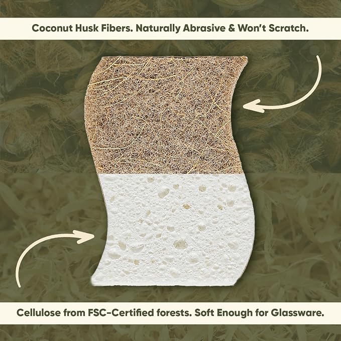 Plant-Based Kitchen Sponges (12 Pack) | USDA Biobased Certified | FSC & PETA Approved | Natural Cellulose & Coconut Scrubber Sponge | S-Shaped Design | Eco-Friendly, Non-Scratch, Non-Toxic & Vegan