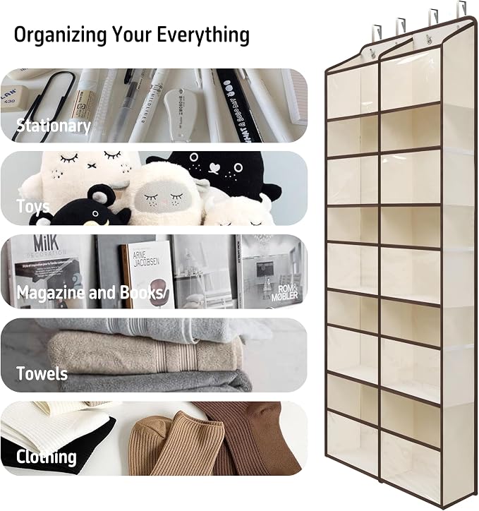 Giraffe Creation White Over Door Organizer with 10 Large Clear Pockets, Double-Row Hanging Door Storage for Closet, Bathroom, Nursery, Bedroom, Dorm, Toys, Toiletries, Baby Essentials