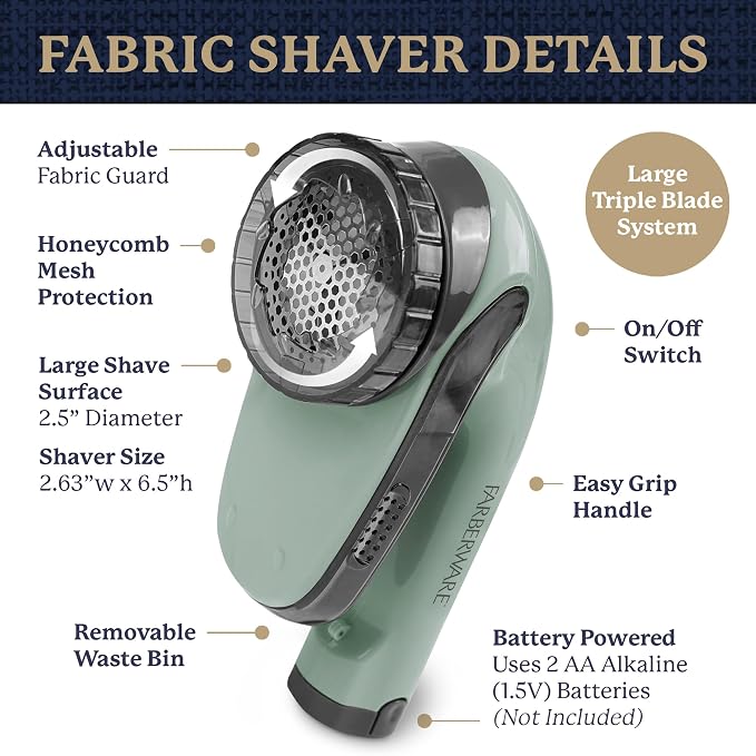 Farberware Fabric Shaver & Lint Remover for Clothing, Large, Triple Blade | Sweater shaver removes pilling, fuzz, and lint balls from clothes, couch, and furniture, battery operated